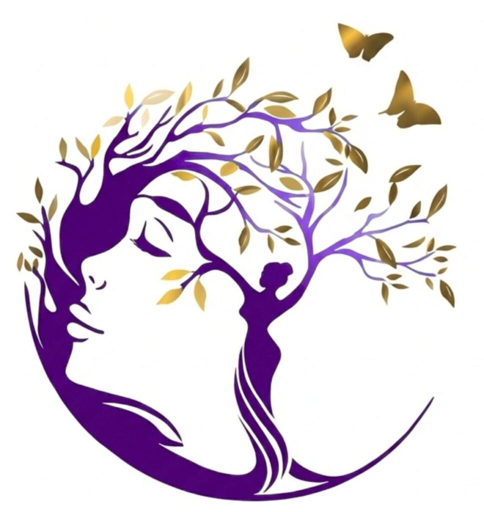 Le logo de Not Alone, représenté par un arbre formant le visage d'une femme. Les branches de l'arbre se terminent par des feuilles dorées qui se transforment petit-à-petit en papillons.
